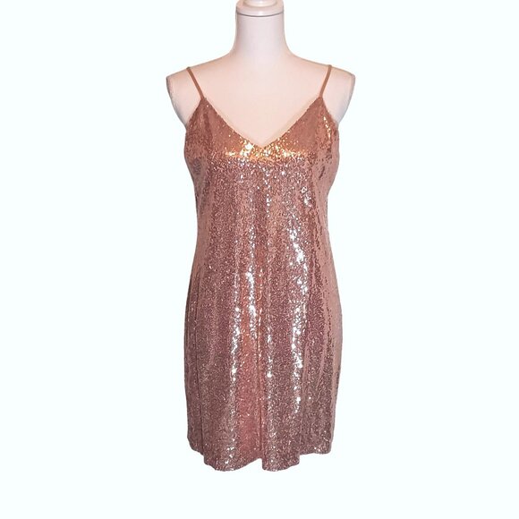 NEW Bar III Rose Gold Metallic Sequin‎ Mini Slip Dress Spaghetti Straps Size S - Picture 1 of 11